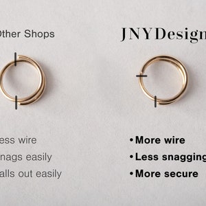 May include: Two gold hoop earrings, one with a single wire and one with a double wire. The single wire earring is labeled "Other Shops" and the double wire earring is labeled "JNY Designs". The single wire earring is described as having less wire, snagging easily, and falling out easily. The double wire earring is described as having more wire, less snagging, and being more secure.