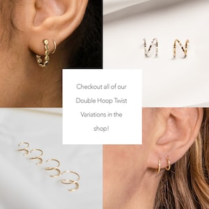 May include: A close-up of a variety of gold hoop earrings with a twisted design. The earrings are shown on a white background. Checkout all of our Double Hoop Twist Variations in the shop!