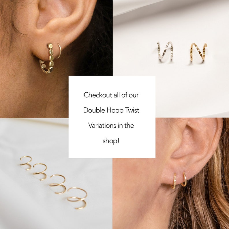 May include: A close-up of a variety of gold hoop earrings with a twisted design. The earrings are shown on a white background. Checkout all of our Double Hoop Twist Variations in the shop!