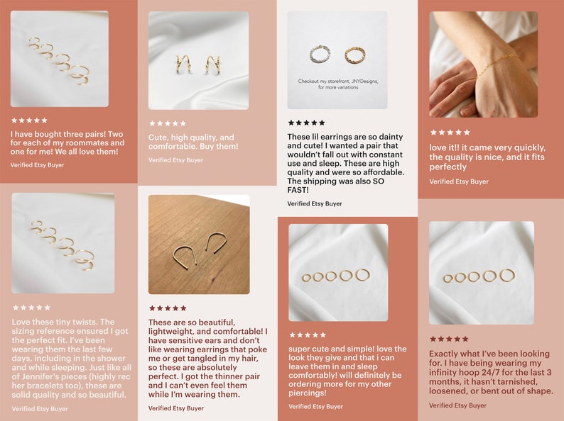 May include: A collage of customer reviews for gold hoop earrings. The reviews highlight the quality, comfort, and affordability of the earrings. The image also shows close-up shots of the earrings.