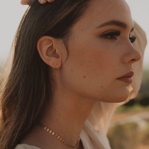 May include: A woman with long brown hair wearing a gold chain necklace and small gold hoop earrings. She is wearing a white blouse with a delicate lace pattern.