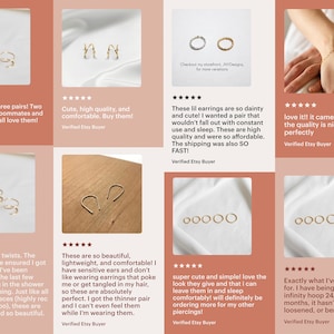 May include: A collage of customer reviews for gold hoop earrings. The reviews highlight the quality, comfort, and affordability of the earrings. The image also shows close-up views of the earrings.