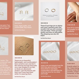 K&ouml;nnte beinhalten: Eine Collage von Kundenbewertungen f&uuml;r goldene Creolen. Die Bewertungen heben die Qualit&auml;t, den Komfort und die Erschwinglichkeit der Ohrringe hervor. Das Bild zeigt auch Nahaufnahmen der Ohrringe.