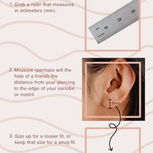 May include: A diagram showing how to measure your earlobe for a snug or loose fit for earrings. The diagram shows a ruler, a close-up of an earlobe, and a chart with measurements in millimeters. 8mm is a snug fit and 9mm is a looser fit.