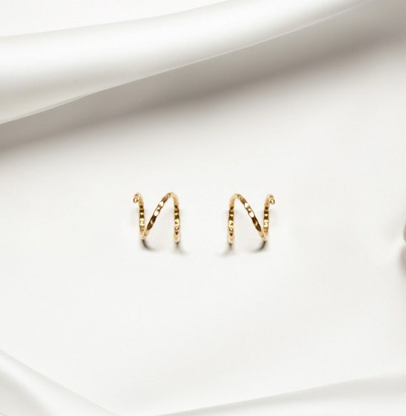 14k Gold Filled Fully Textured Tiny Twist Earrings | Double Hoop Earrings | Small Huggie Hoops | Spiral Earrings | Faux Double Hoops