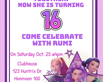 May include: A purple and pink invitation for a Sweet Sixteen birthday party. The invitation includes the text "HER MUSIC IGNITES THE SOUL AND BRINGS PEOPLE TOGETHER! NOW SHE IS TURNING 16". The invitation also includes the text "COME CELEBRATE WITH RUMI".