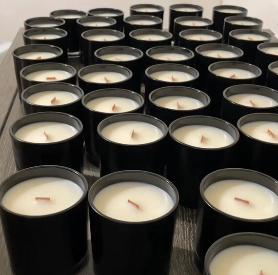 Set of 12 Wholesale Soy Wax Wood Wick Candles Soy Candles for Resale 10 Oz.  Black Jar Blank Label Soy Candles Wholesale 