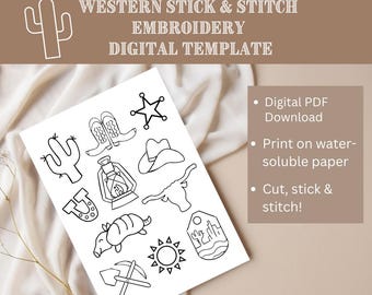 Modelo de bordado estilo western com bastão e ponto: ícones do country cowboy (padrão para download em PDF)