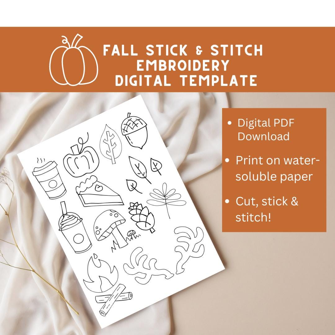 Fall Embroidery Stick and Stitch Template: Coffee, Pumpkin, Leaves ...