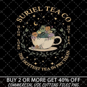 May include: A black and gold circular design with the text "SURIEL TEA CO" and "THE HOTTEST TEA IN PRYTHIAN" around a teacup with a mountain and flowers inside. The text "HOT TEA" is on the right side of the design.