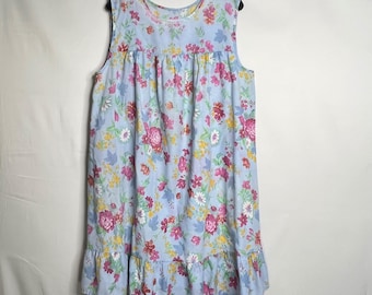 Vintage Blue Floral Sleeveless House Dress Womens XL Gauze Cottage