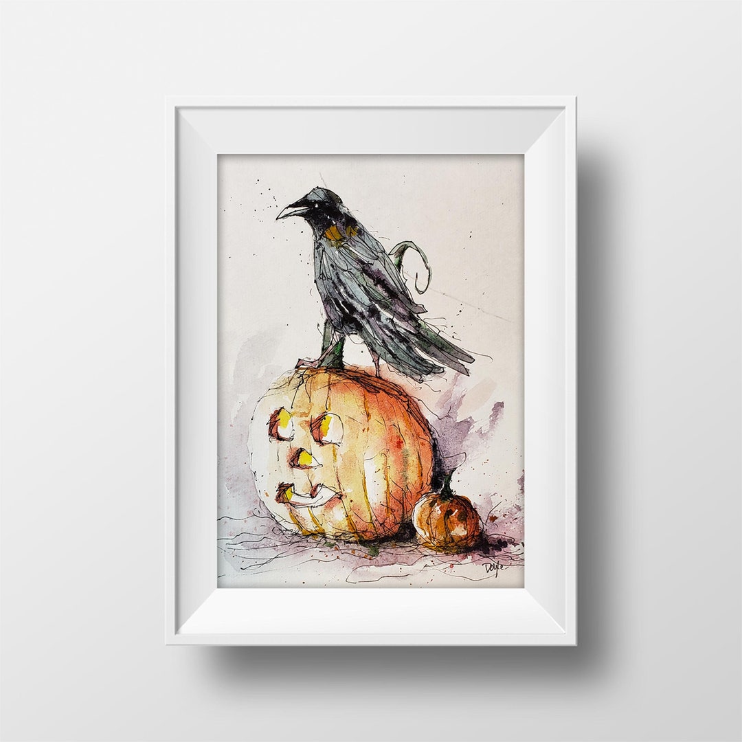 Raven and Jack-o-lantern Watercolor Painting Halloween Wall Art - Etsy ...