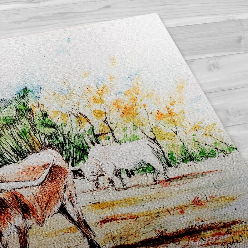 Texas Longhorn Livestock Watercolor Art Print, Texas Bull Painting ...