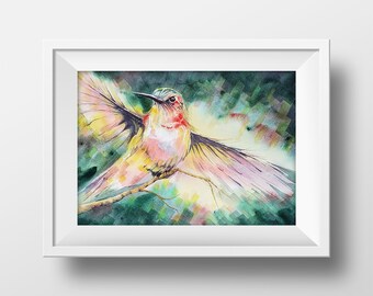 Hummingbird Art - Hummingbird Watercolor Art Print - Green Hummingbird Watercolor Painting - Bird and Nature Art - Bird Lover Gift