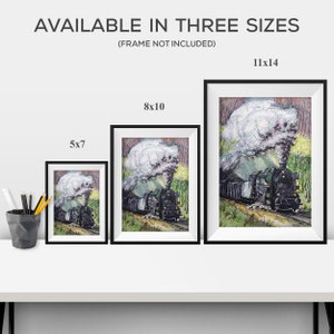 May include: Three framed watercolor paintings of a steam train in a forest setting. The paintings are available in three sizes: 5x7 inches, 8x10 inches, and 11x14 inches.  The text "AVAILABLE IN THREE SIZES" and "(FRAME NOT INCLUDED)" is at the top of the image.