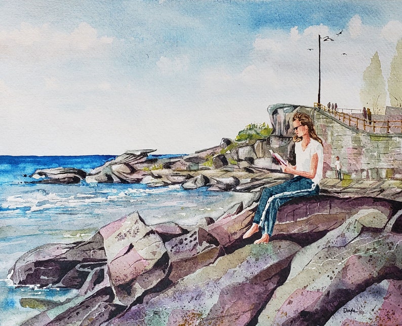 Fine Art Watercolor Oceanside Watercolor Art Print Watercolor Wall Art Reading Painting