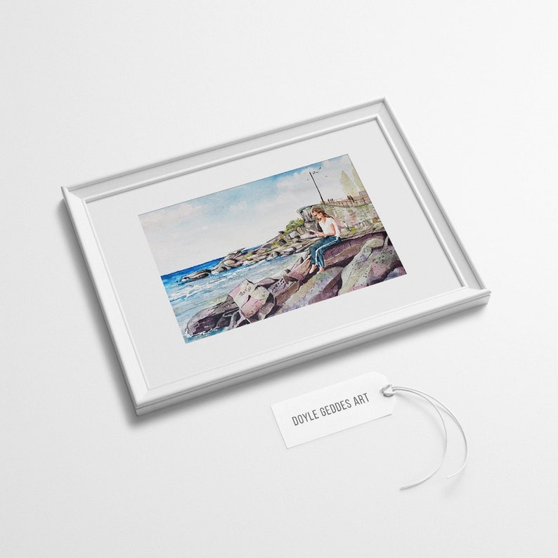 Fine Art Watercolor Oceanside Watercolor Art Print Watercolor Wall Art Reading Painting