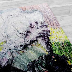 May include: A watercolor painting of a train engine with smoke billowing from the chimney. The train is green and black and is surrounded by a field of green grass and yellow flowers.