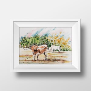 Texas Longhorn Livestock Aquarel Art Print, Texas Bull Painting, Longhorn Art, Texas Livestock Art