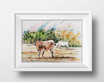 Texas Longhorn Livestock Watercolor Art Print, Texas Bull Painting, Longhorn Art, Texas Livestock Art