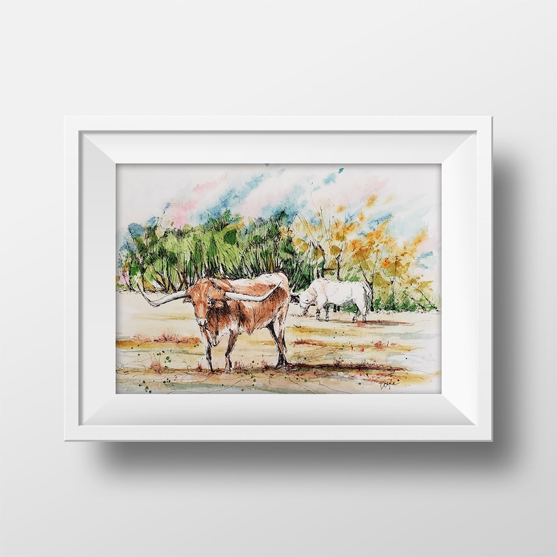 Texas Longhorn Livestock Watercolor Art Print, Texas Bull Painting ...