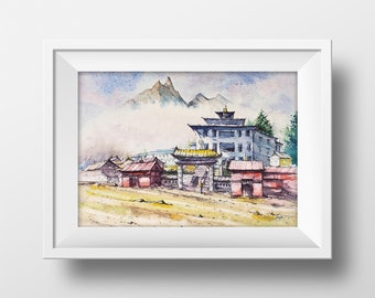 Tengboche Monastery Nepal Watercolor Art Print, Nepal Wall Art, Monastery Painting