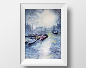 Ships Watercolor - Boat Art - Evening at Monterrey Painting - Boat Painting - Sailboat Watercolor - Docked Ships Painting