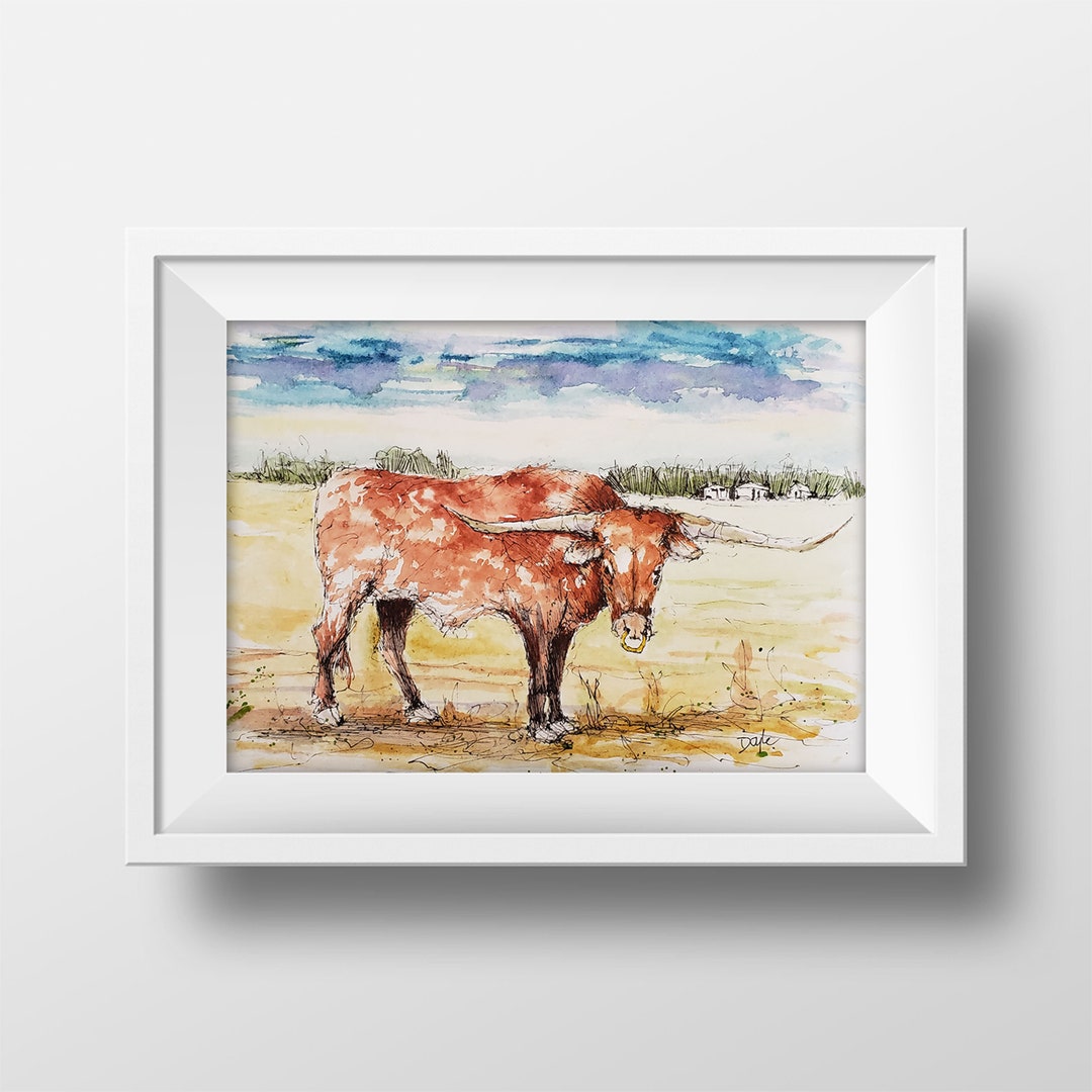 Texas Longhorn Watercolor Painting, Texas Bull Art Print, Bull Painting ...
