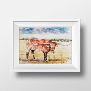 Texas Longhorn Aquarel Schilderij, Texas Bull Art Print, Bull Painting, Texas Longhorn Steer