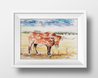 Texas Longhorn Watercolor Painting, Texas Bull Art Print, Bull Painting, Texas Longhorn Steer