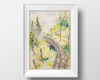 May include: A watercolor painting of a train track winding through a green landscape. The track is in the foreground, with trees and hills in the background. The painting is done in a loose, impressionistic style.