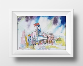 Utah Theatre Watercolor Art Print - Logan Utah Art - The Utah Watercolor Print - Theater Painting - Art Print