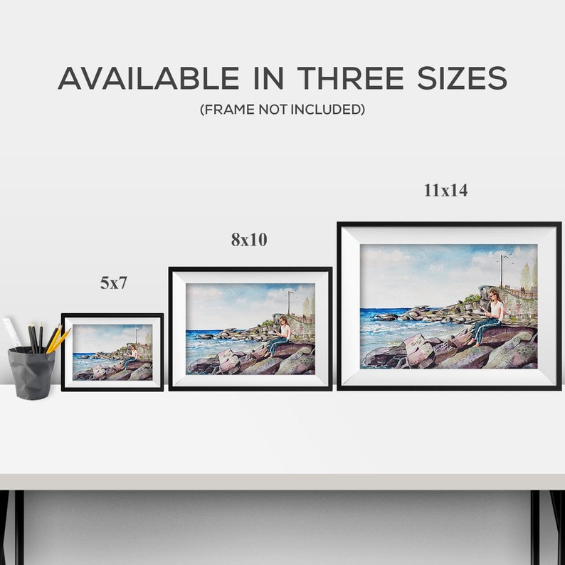 Fine Art Watercolor Oceanside Watercolor Art Print Watercolor Wall Art Reading Painting