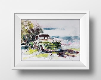 Rustic Chevy Aquarelle Art Print - Old Car Painting - Aquarelle Wall Art - Classic Car Watercolor Painting - Old Chevy Car Art