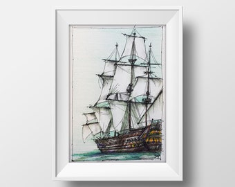 May include: A black and white line drawing of a tall ship with sails billowing in the wind. The ship is drawn in a realistic style with detailed rigging and a wooden hull. The background is a light blue watercolor wash.