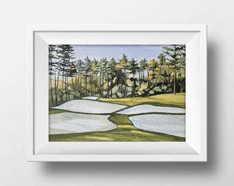 Impression d'art aquarelle pêche fleurie Masters Hole, art de golf tournoi des maîtres, peinture Augusta National Golf Club