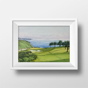 Stampa artistica ad acquerello della buca n. 3 del campo da golf Torrey Pines, South Course Hole 3, San Diego California Golf Art