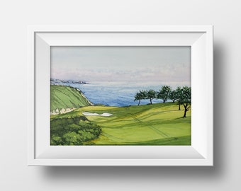May include: A watercolor painting of a golf course with a green fairway, a sand trap, and a view of the ocean in the background. There are trees on the cliff overlooking the ocean.