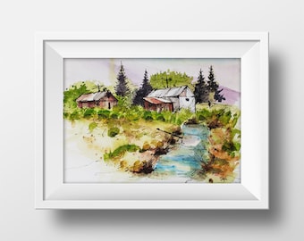 Rustic Barn Watercolor Art Print - Old Barn Wall Art - By The Stream Watercolor - Barn Painting - Farm Landscape Art Print