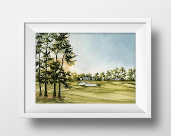 May include: Watercolor painting of a golf course with a pond and trees in the foreground. The sky is blue and there are houses in the distance.