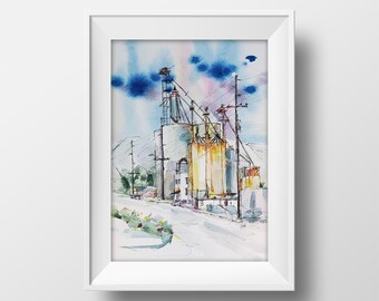 May include: Watercolor painting of a cityscape with industrial buildings, power lines, and a road in the foreground. The sky is a light blue with white clouds and a pink hue.