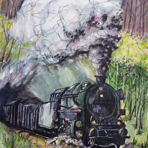 May include: A black and green steam locomotive train with smoke billowing from the chimney, traveling through a forest. The train is pulling a line of boxcars. The train is painted with the number 064-438.