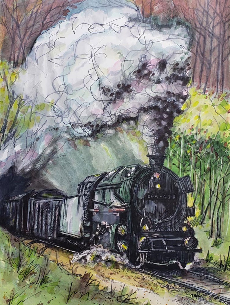 May include: A black and green steam locomotive train with smoke billowing from the chimney, traveling through a forest. The train is pulling a line of boxcars. The train is painted with the number 064-438.