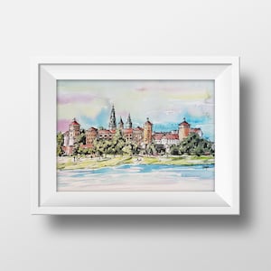 May include: Watercolor painting of a cityscape with a river in the foreground. The buildings are a mix of red, brown, and white, with a few green trees in front of them. The sky is a light blue with some pink and yellow clouds.