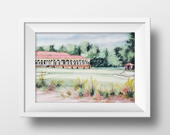 May include: Watercolor painting of a golf course clubhouse with a red roof and white columns. The clubhouse is set against a backdrop of green trees and a grassy fairway.
