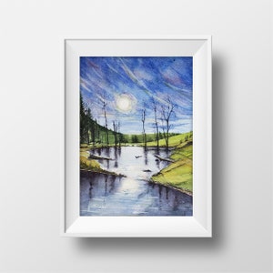 Beaver Pond at Night Watercolor Art Print, Outdoors Watercolor, Nature Art Print, Temple Fork Utah
