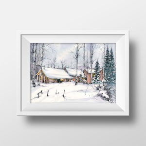 Cabin in the Snow, Snowy Winter Christmas Cabin, Watercolor Painting Art Print