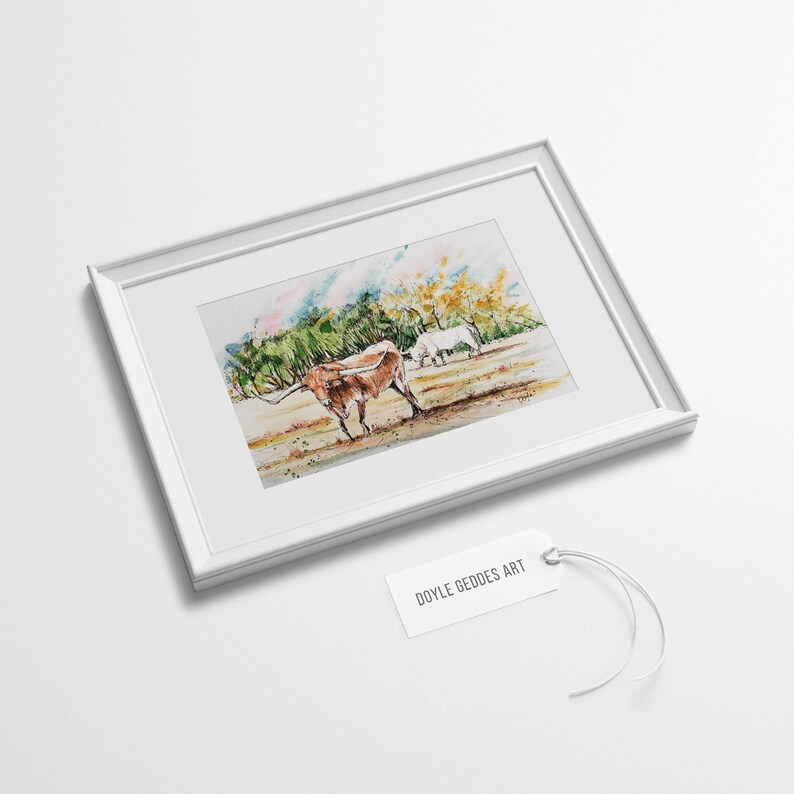 Texas Longhorn Livestock Watercolor Art Print, Texas Bull Painting ...