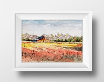 Rural Barn Watercolor Wall Art - Colorful Barn Landscape Painting