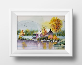 Fall Scene Autumn Watercolor Art Print, Fall at the Lake